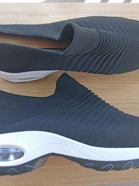Black Slip-On Knit Sneakers with White Sole